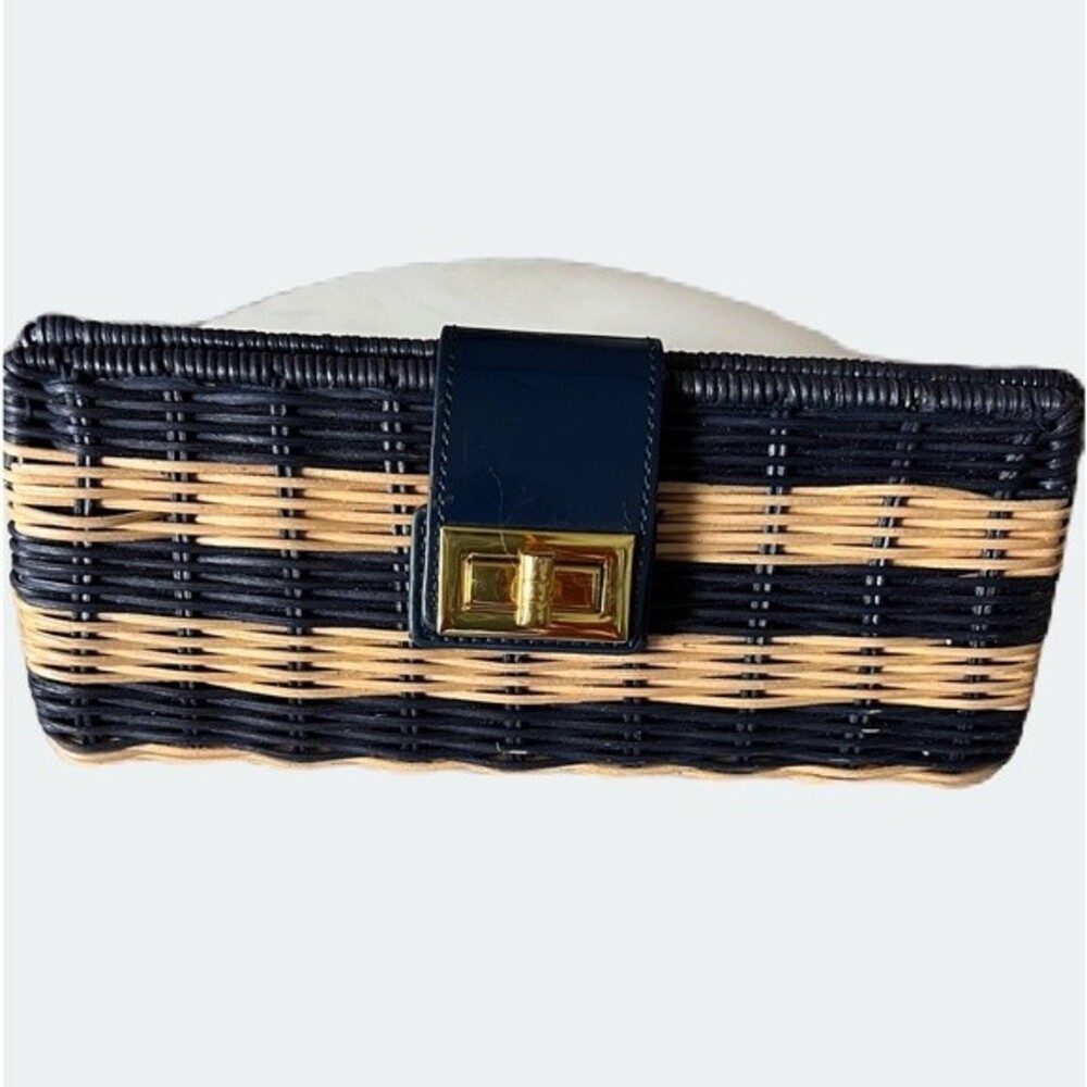 J Crew Havana Navy Blue Natural Wicker Straw Clutch Evening Bag